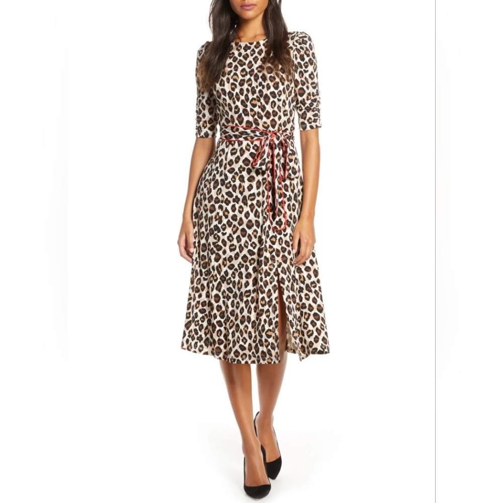 Eliza J Leopard Print Brown White Orange Piped Sash Midi Dress Size 10